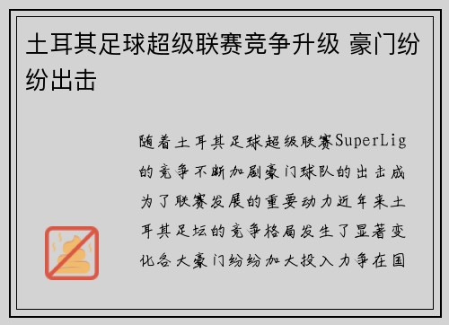 土耳其足球超级联赛竞争升级 豪门纷纷出击